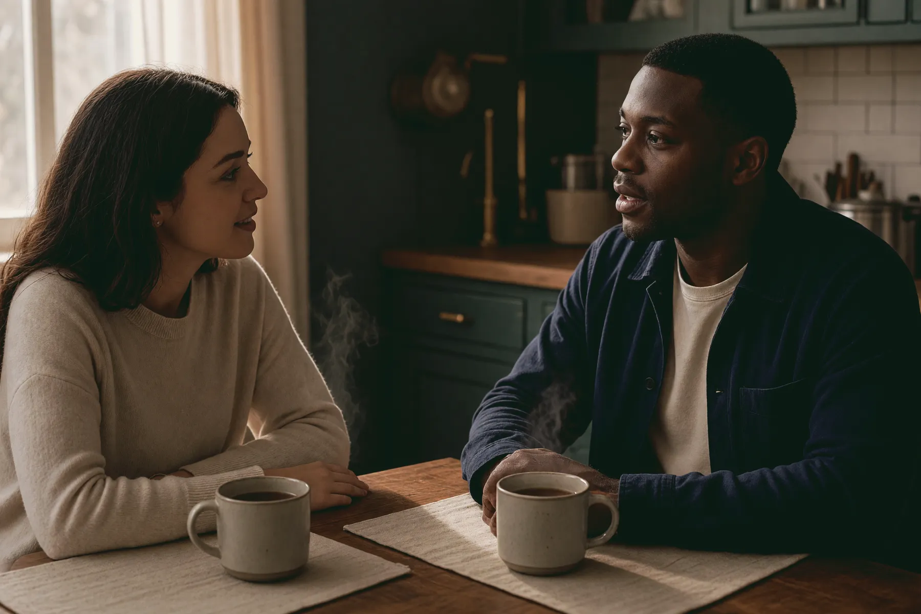 AI-generated photo: two people talk over tea at a kitchen table, the tension easing