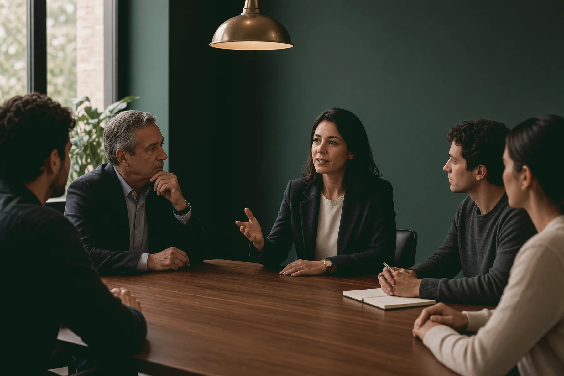 AI-generated photo: a woman speaks at the meeting table and the room, a sceptic included, listens
