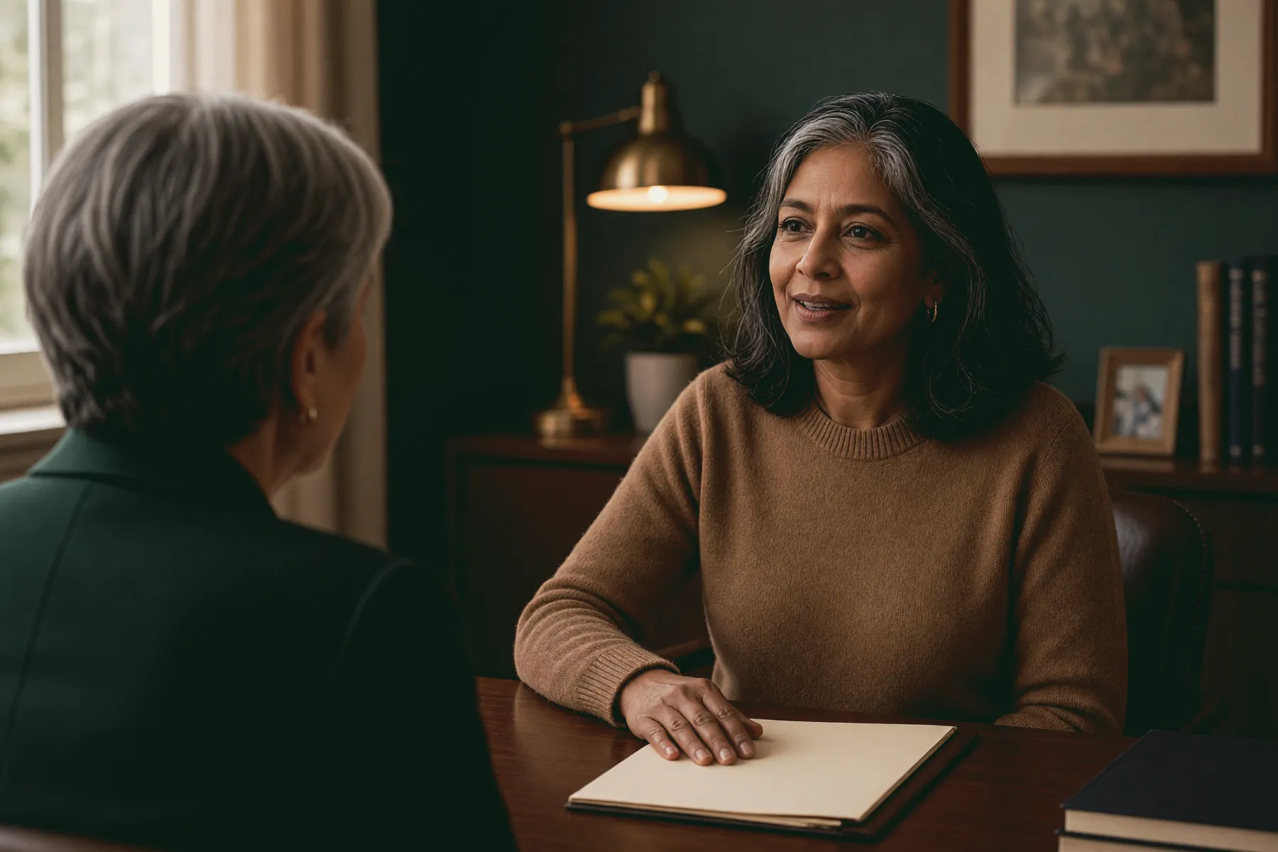 AI-generated photo: a woman calmly makes her case to her manager across a desk