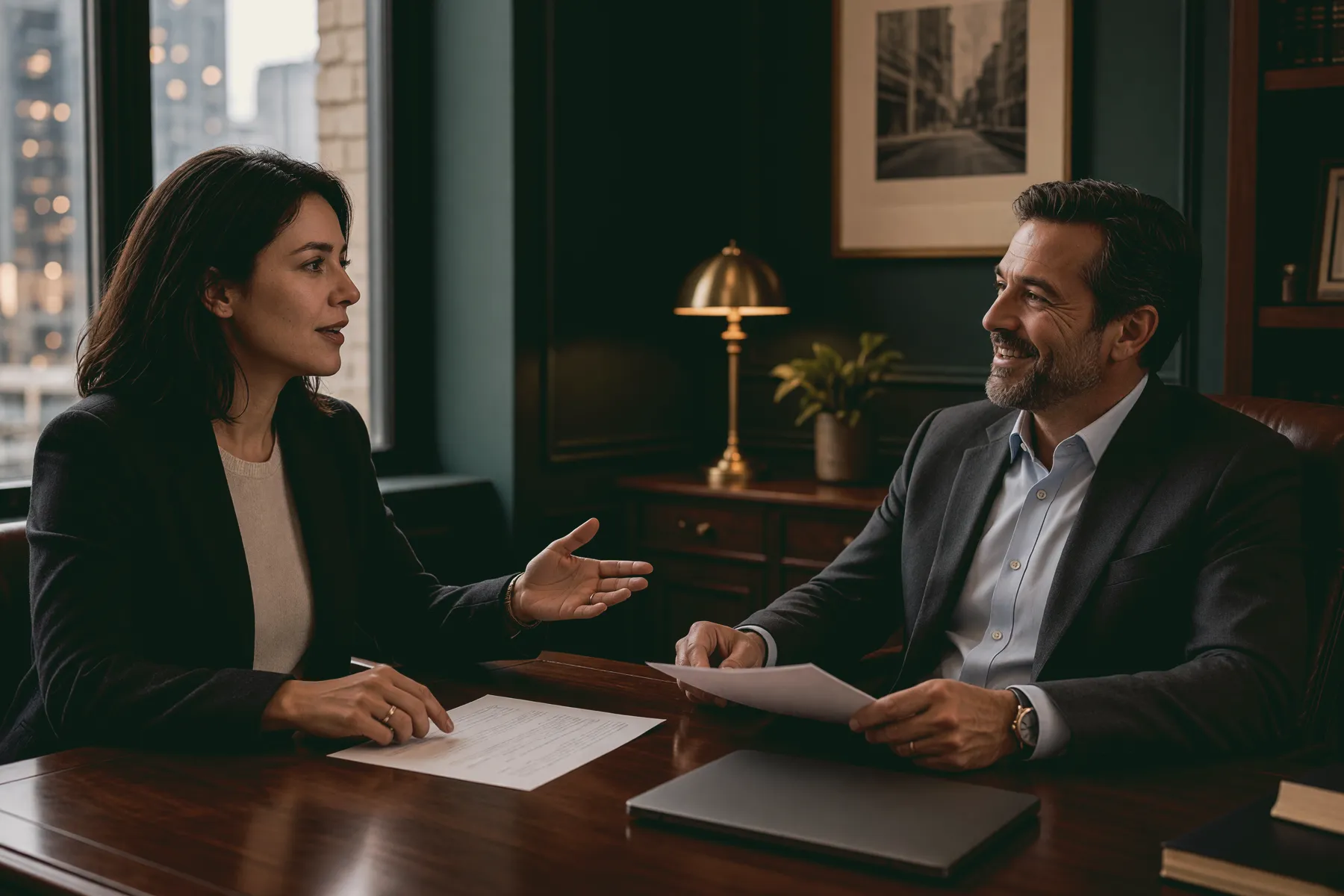 AI-generated photo: a salesperson explains her proposal while the client leans back, smiling