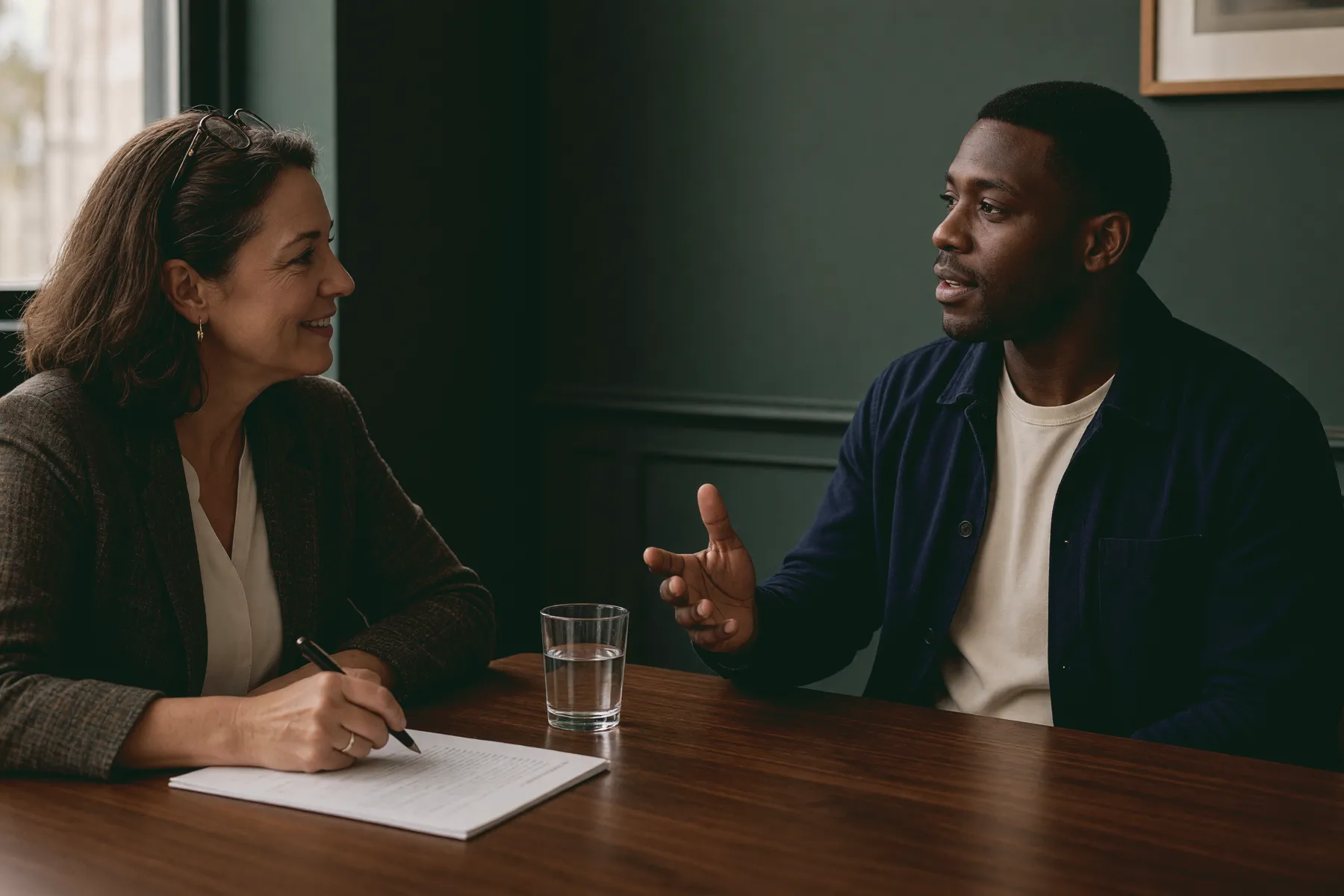 AI-generated photo: a man mid-answer across a table from a woman taking notes, a glass of water between them