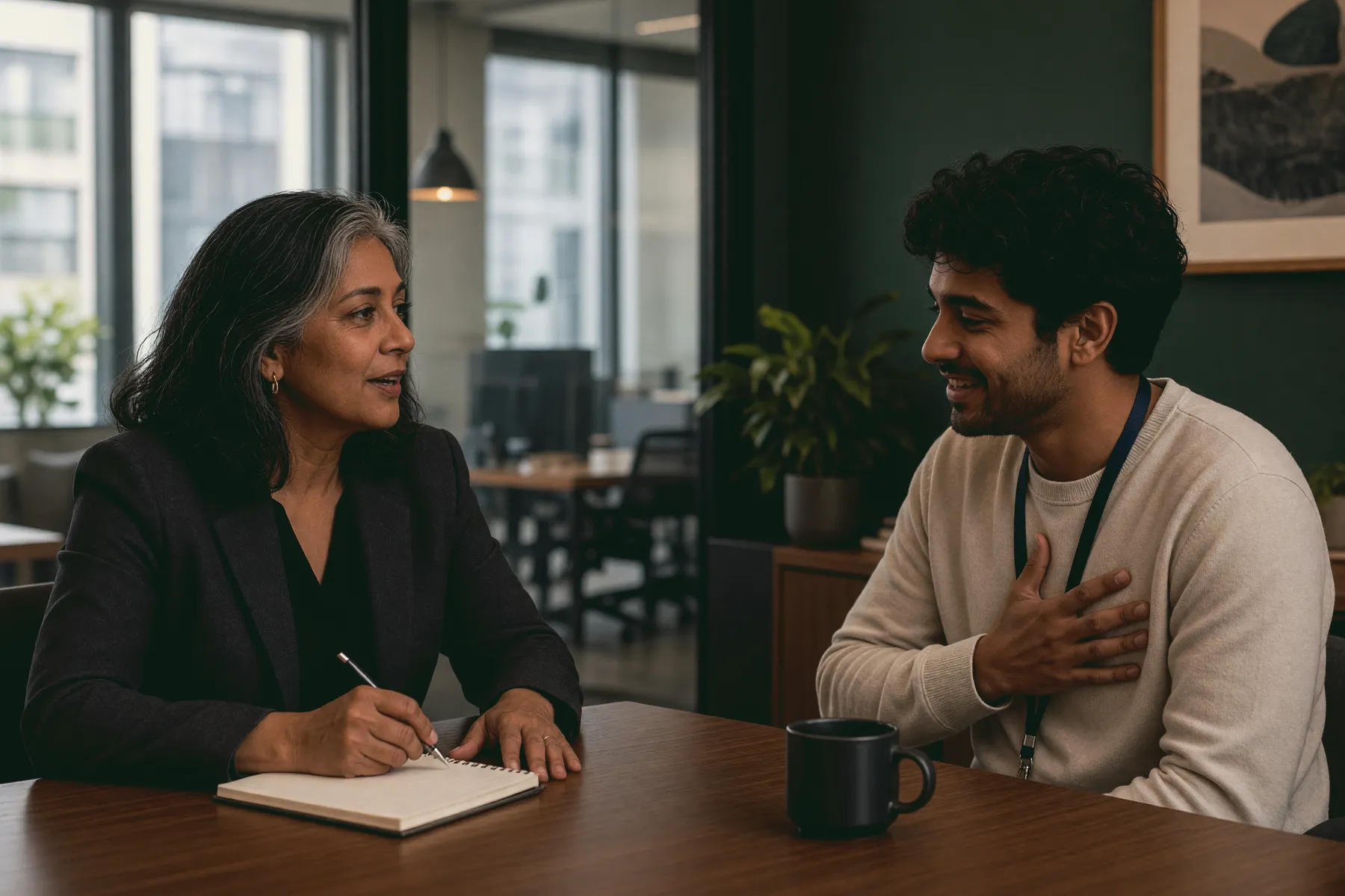 AI-generated photo: a manager takes notes as a team member opens up, relieved