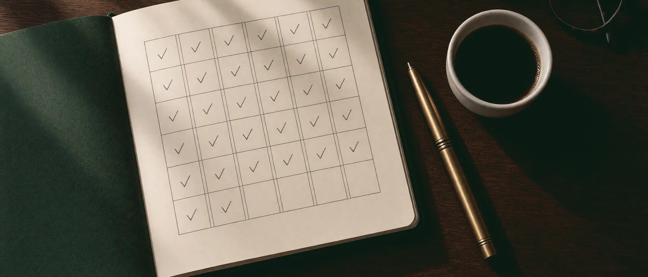 AI-generated photo: an open notebook with a hand-drawn grid of squares, almost all ticked, beside a brass pen and coffee